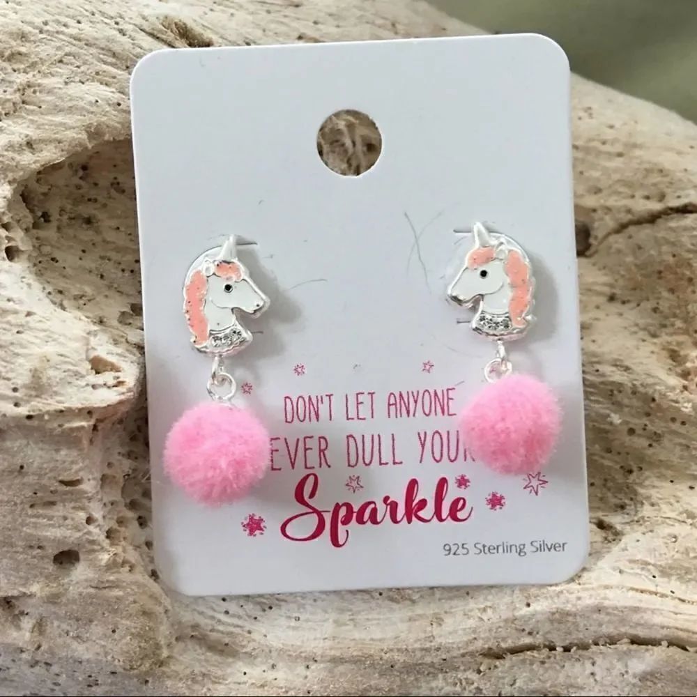 Unicorn Sterling Silver Pom Pom Earrings